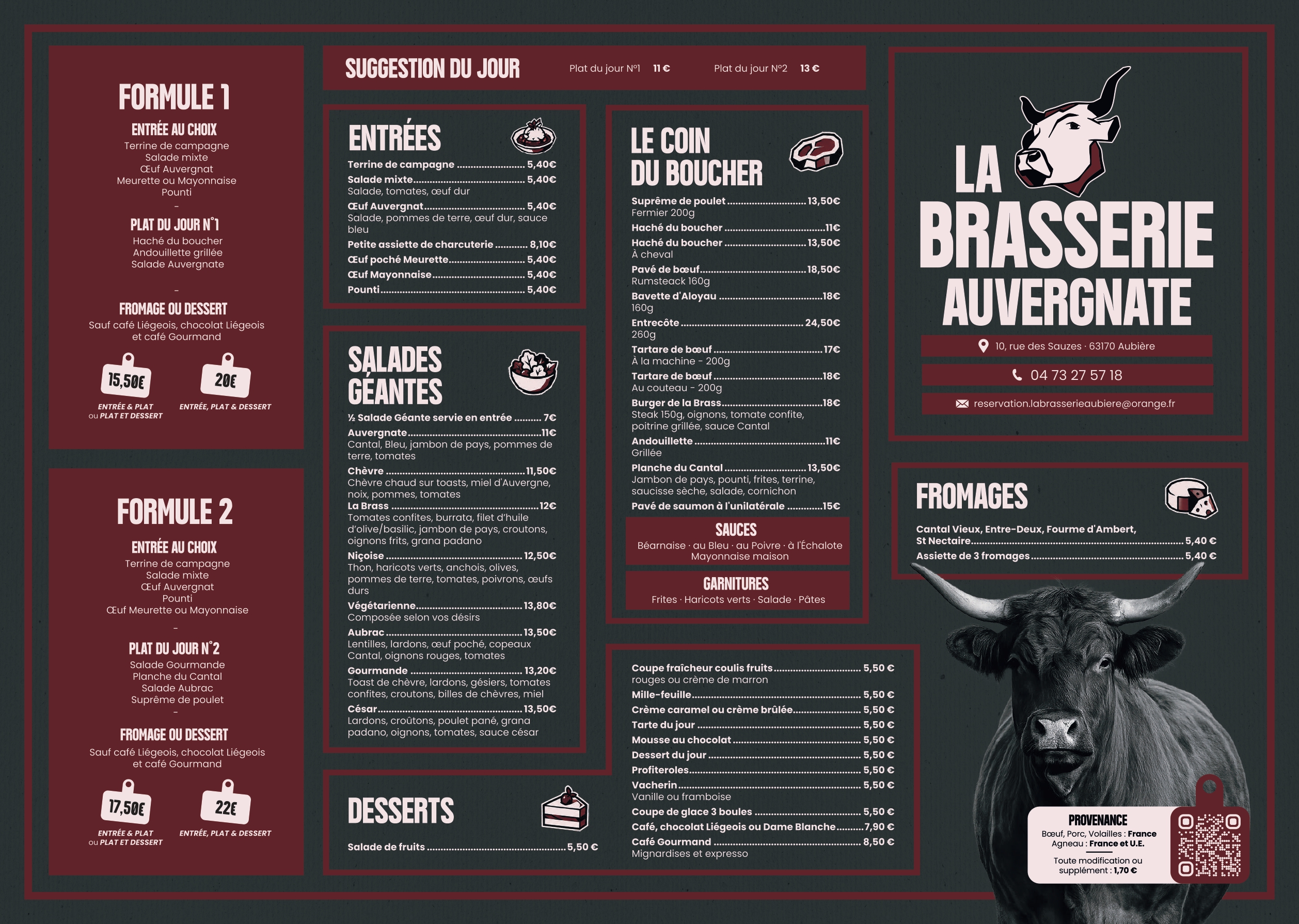 Aperçu de la carte restauration de La Brasserie Auvergnate